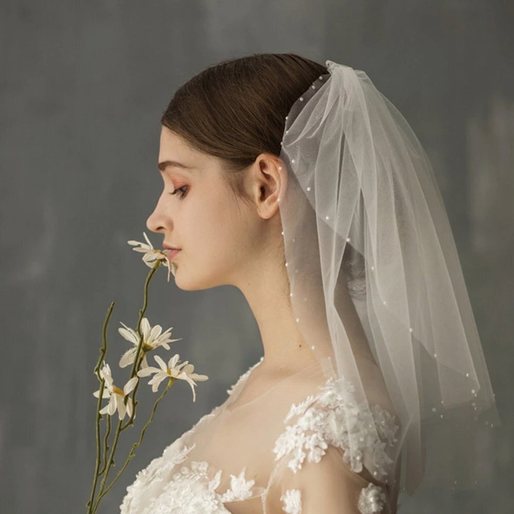 Wedding veil white bridal white pearls short shoulder elegant beautiful unique